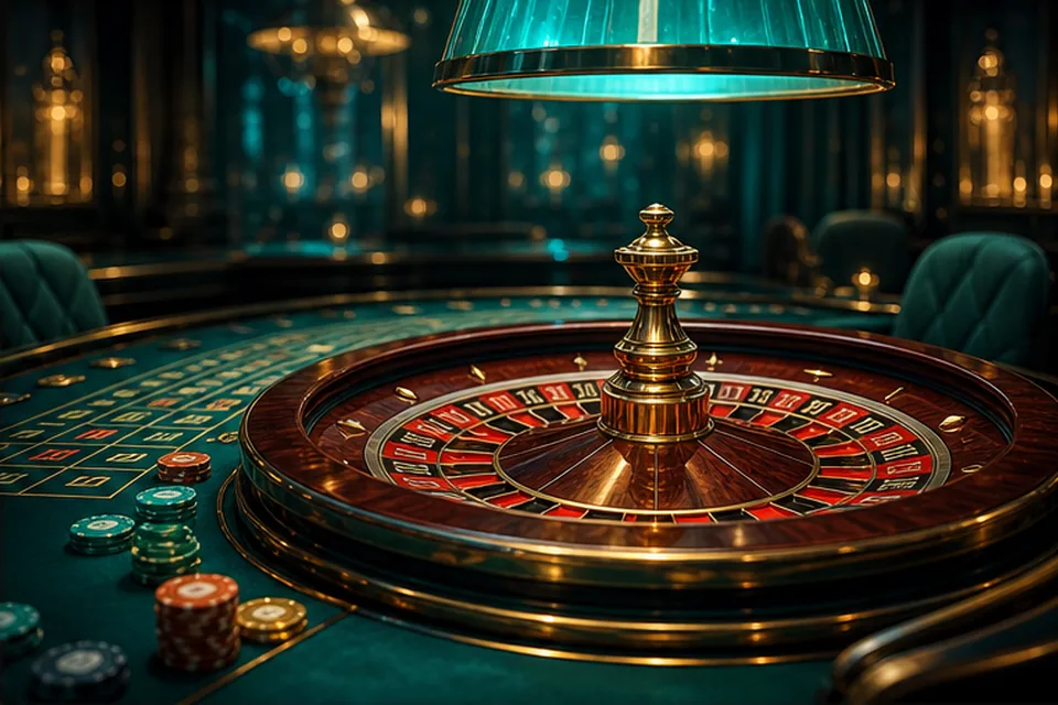 Eleganter Roulette-Tisch unter türkisem Licht