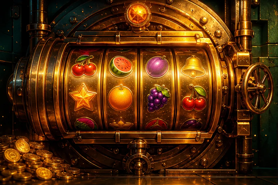 Goldener Spielautomat in einem Tresor